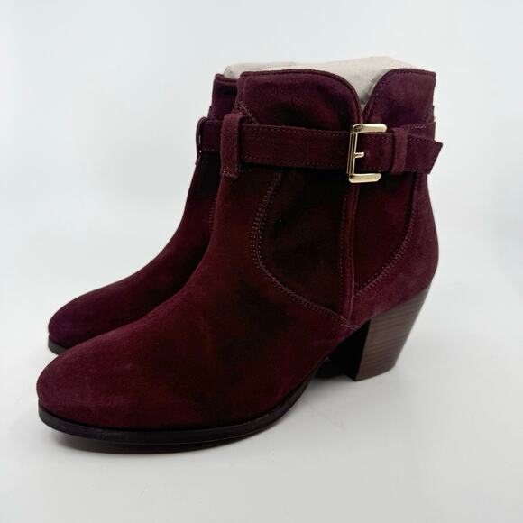 Diba Sleek Buckle Ankle Bootie Side Zipper Block Heel Burgundy Womens Size US 7 - Picture 4 of 10